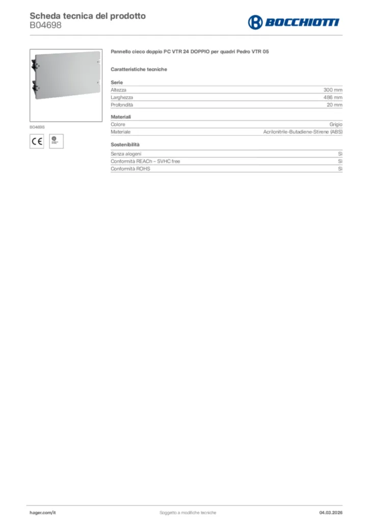 Immagine Bocchiotti Scheda tecnica del prodotto B04698 | Hager Italia