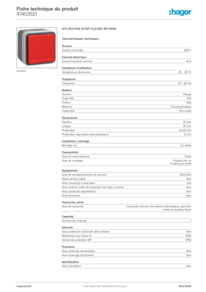 Image Hager Fiche technique du produit 47403521 | Hager France