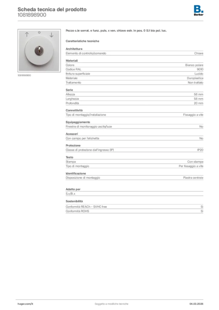 Immagine Berker Scheda tecnica del prodotto 1081898900 | Hager Italia