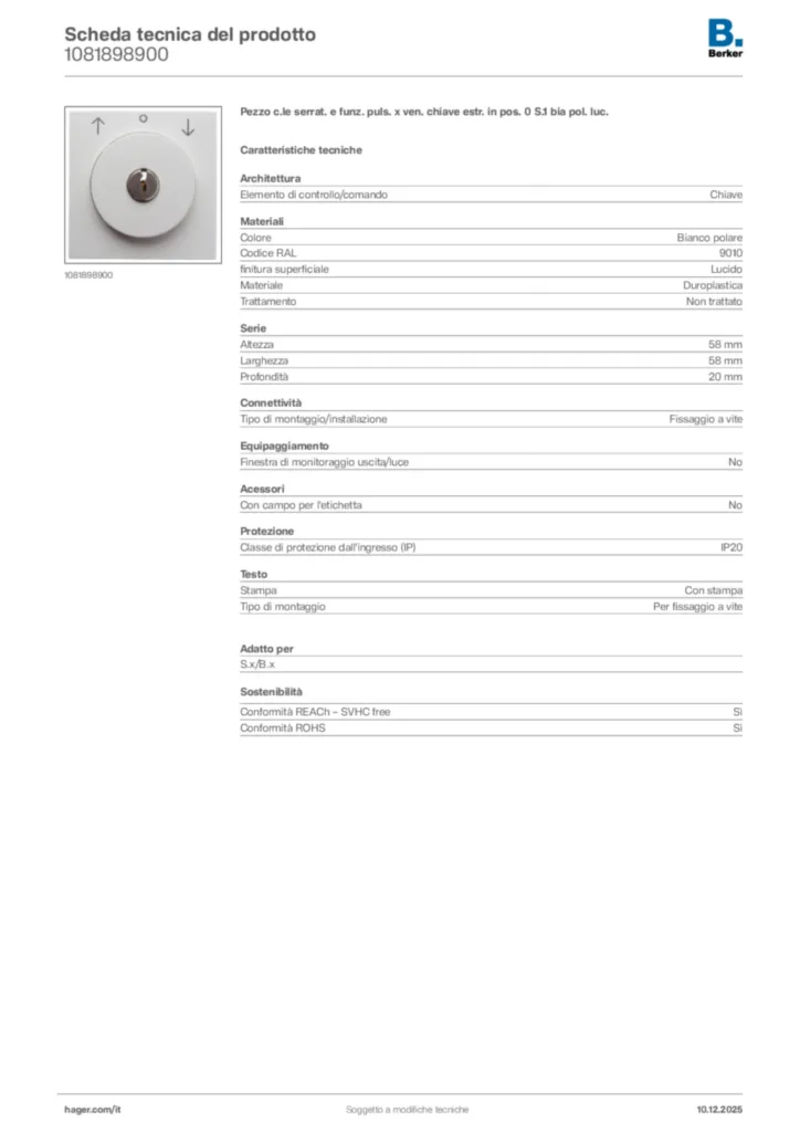Immagine Berker Scheda tecnica del prodotto 1081898900 | Hager Italia