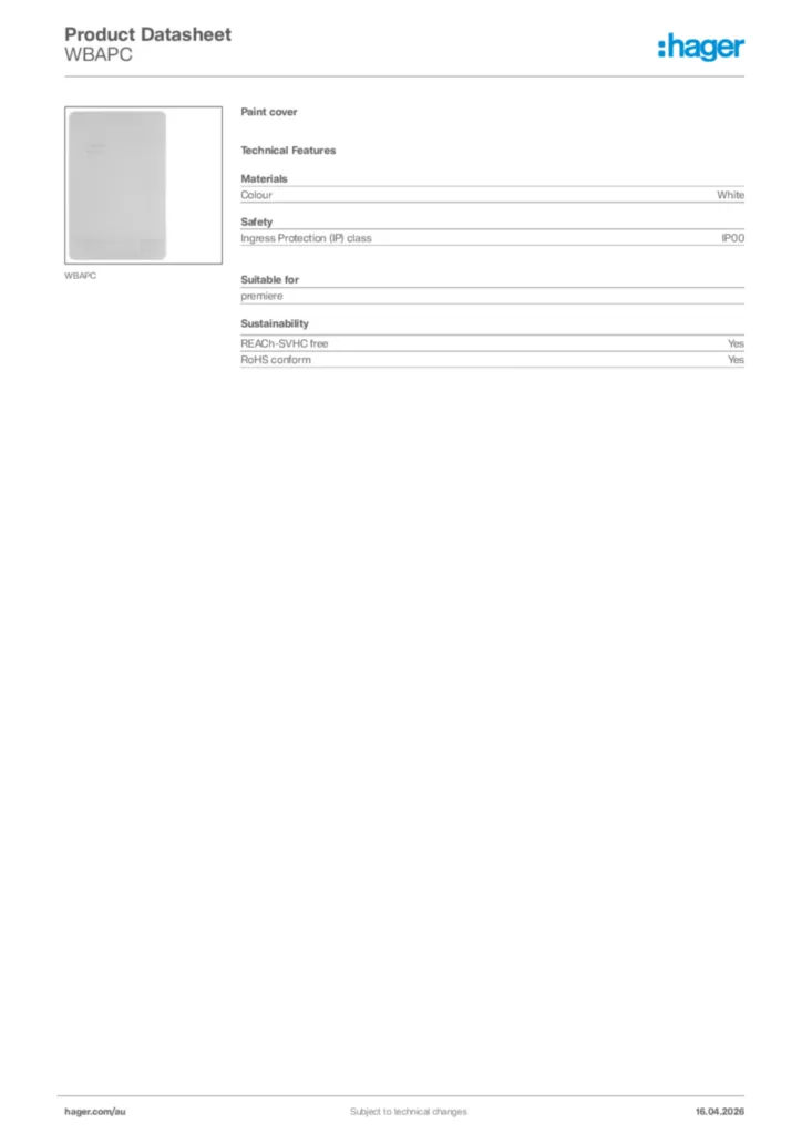 Image Hager Product data sheet WBAPC  | Hager Australia