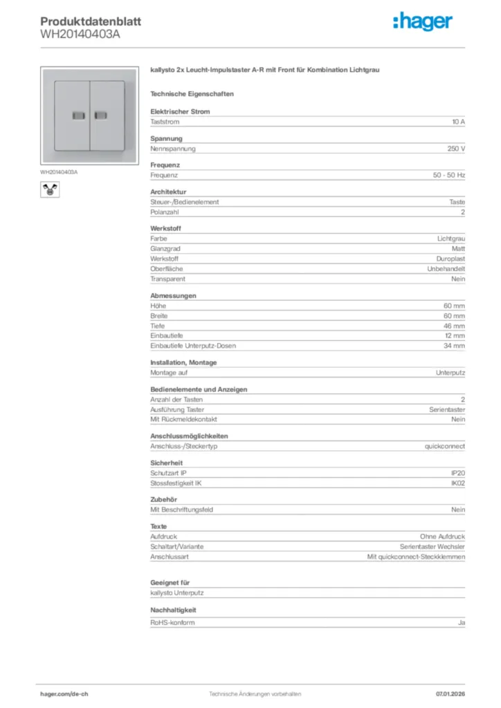 Bild Hager Produktdatenblatt WH20140403A | Hager Schweiz