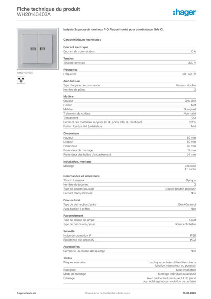 Image Hager Fiche technique du produit WH20140403A | Hager Suisse