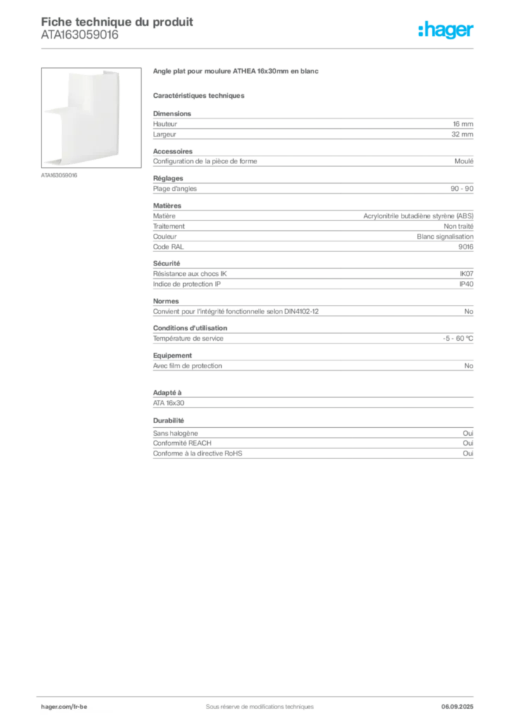 Image Hager Fiche technique du produit ATA163059016 | Hager Belgique