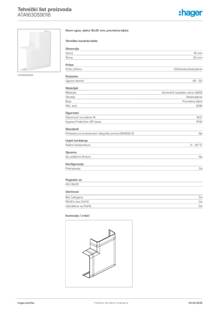 Slika Hager Tehnički list proizvoda ATA163059016  | Hager