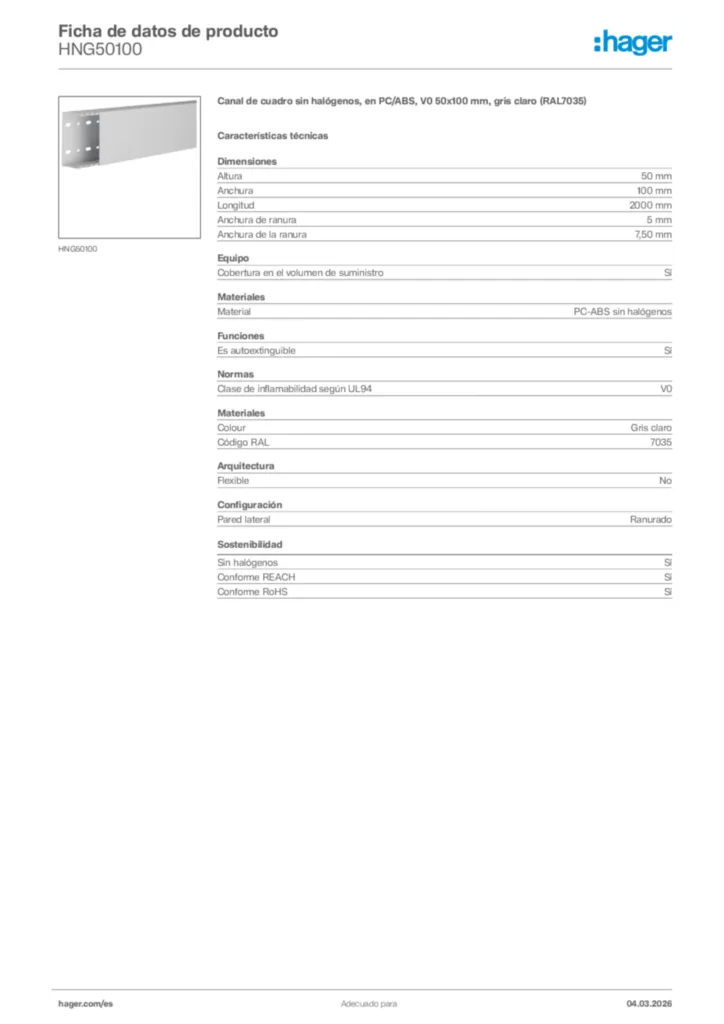 Imagen Hager Ficha de datos de producto HNG50100 | Hager España