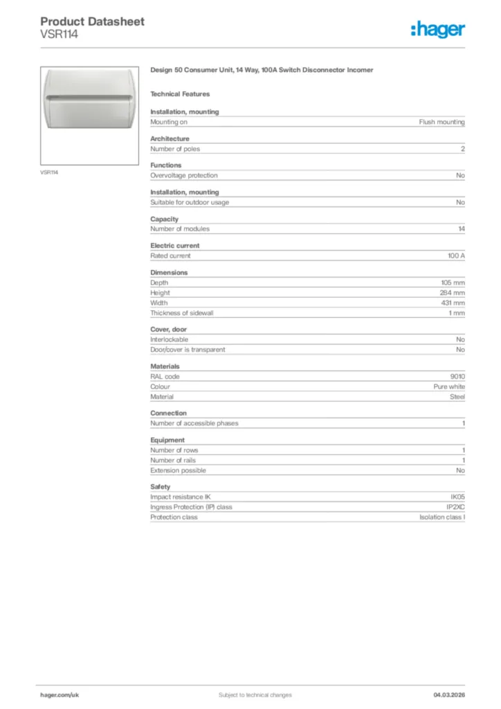 Image Hager Product data sheet VSR114  | Hager