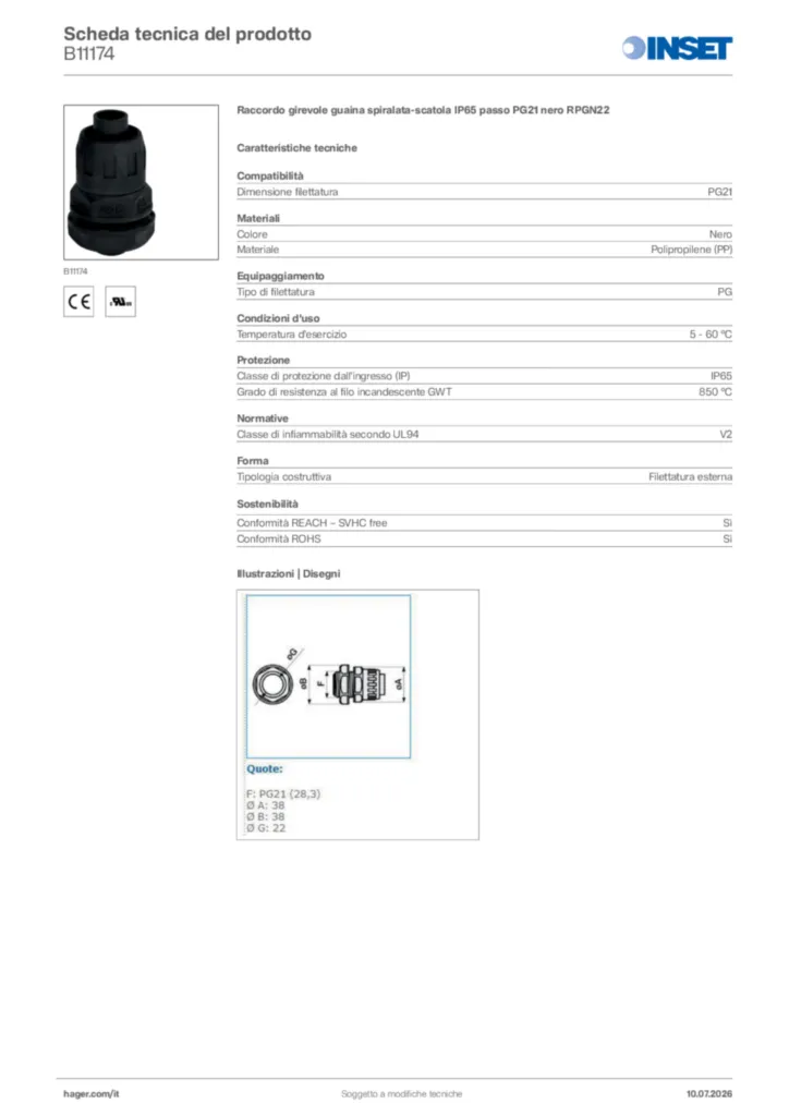 Immagine Inset Scheda tecnica del prodotto B11174 | Hager Italia