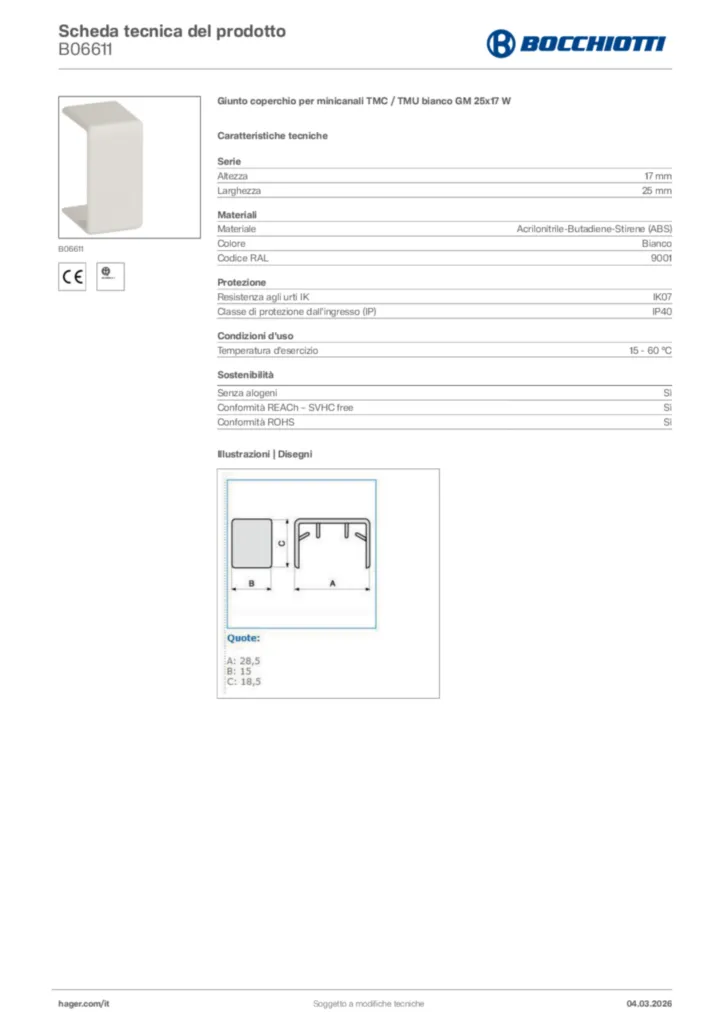 Immagine Bocchiotti Scheda tecnica del prodotto B06611 | Hager Italia