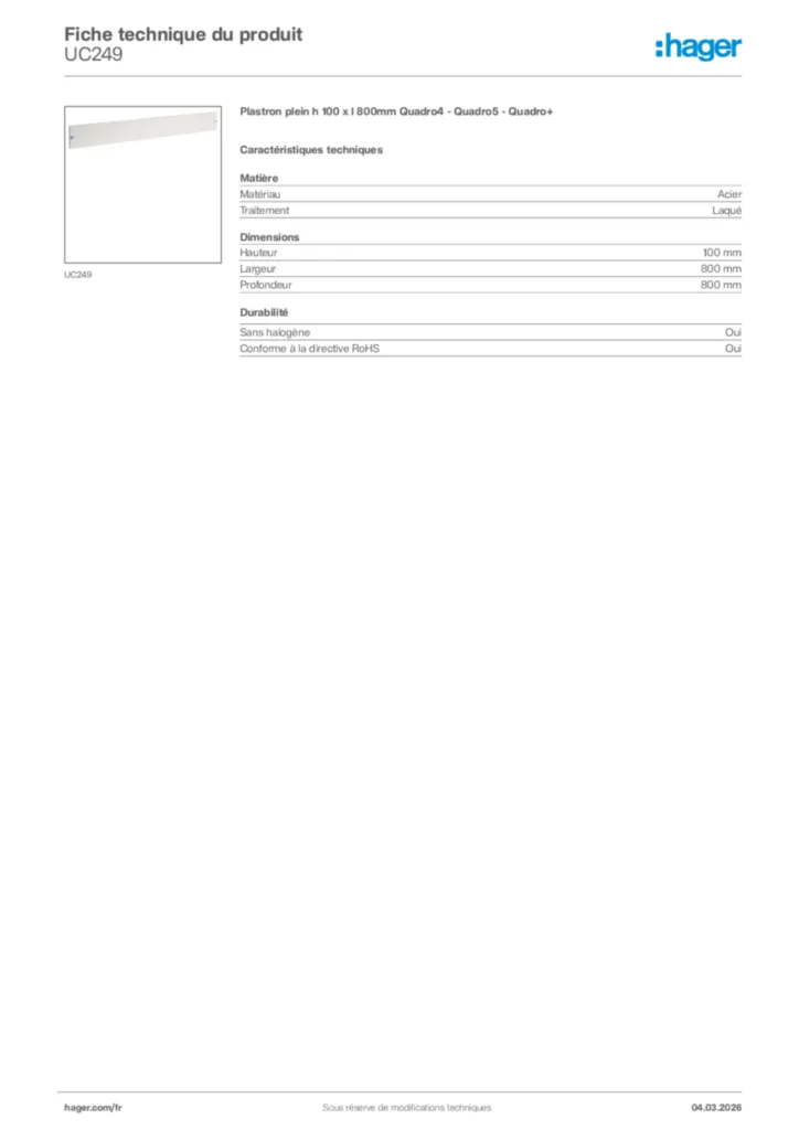 Image Hager Fiche technique du produit UC249 | Hager France
