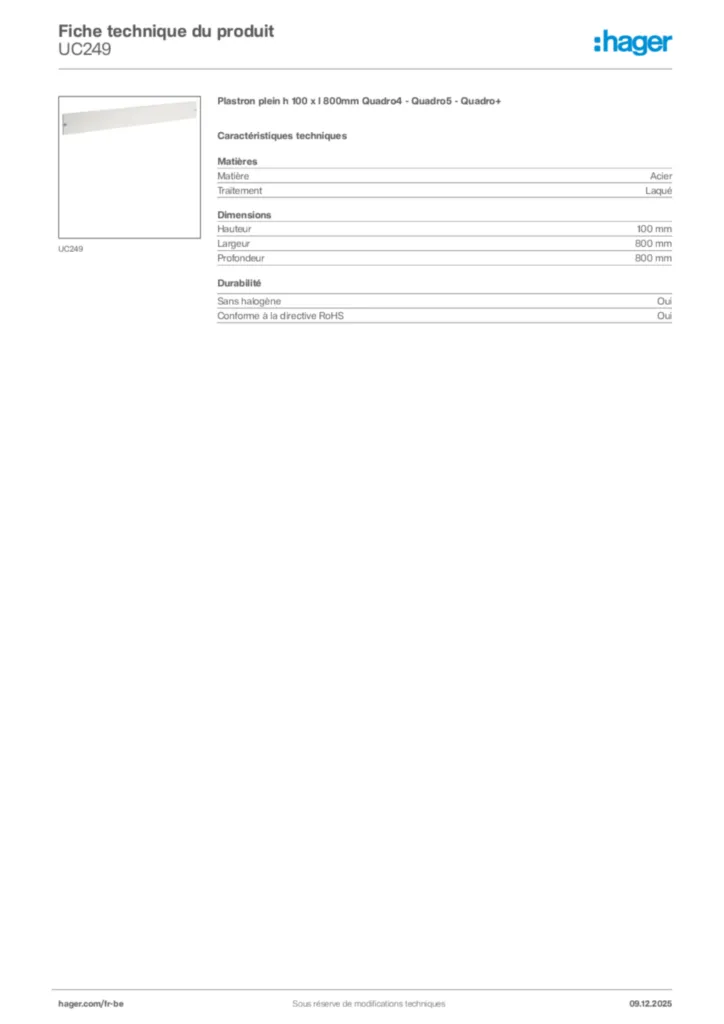 Image Hager Fiche technique du produit UC249 | Hager Belgique