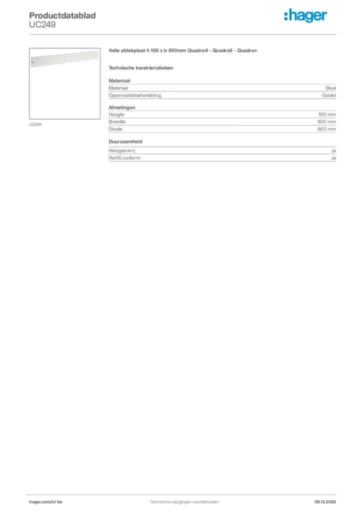 Afbeelding Hager Productdatablad UC249 | Hager Belgium