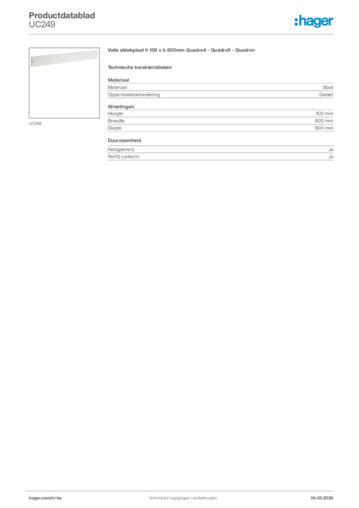 Afbeelding Hager Productdatablad UC249 | Hager Belgium