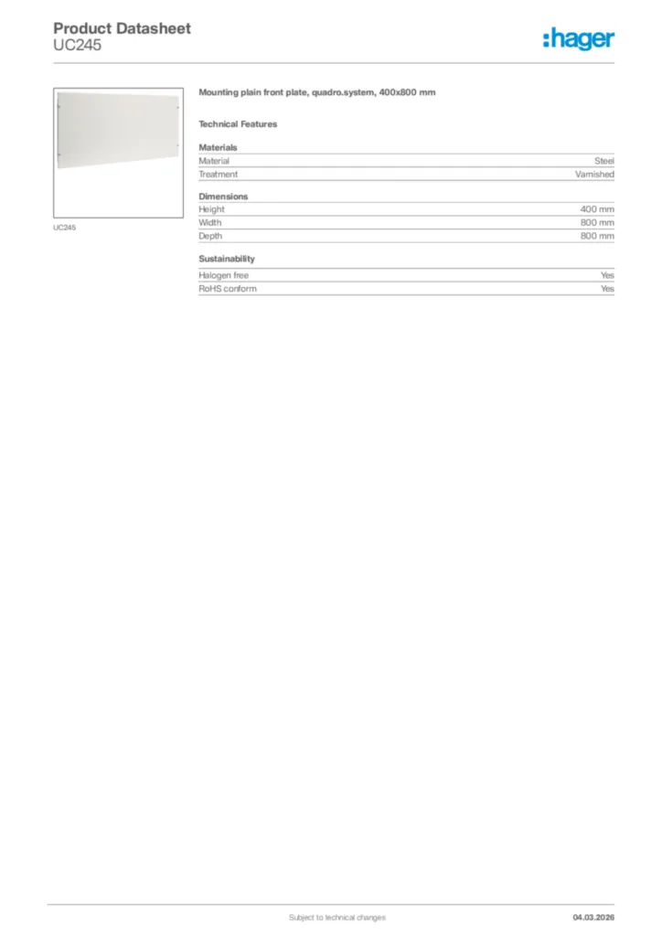 Image Hager Product data sheet UC245  | Hager Africa