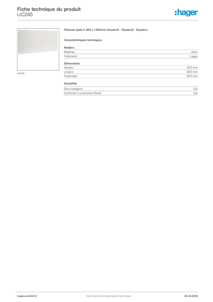 Image Hager Fiche technique du produit UC245 | Hager Afrique