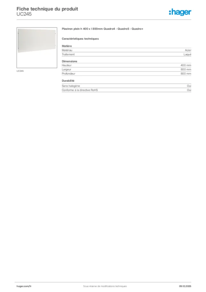 Image Hager Fiche technique du produit UC245 | Hager France