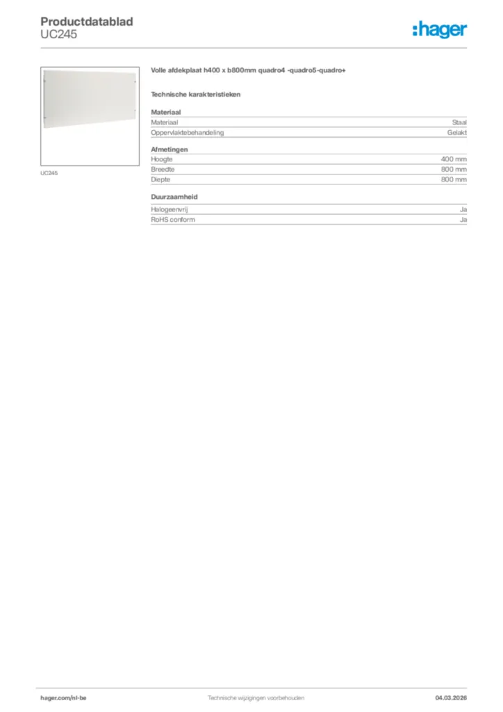 Afbeelding Hager Productdatablad UC245 | Hager Belgium