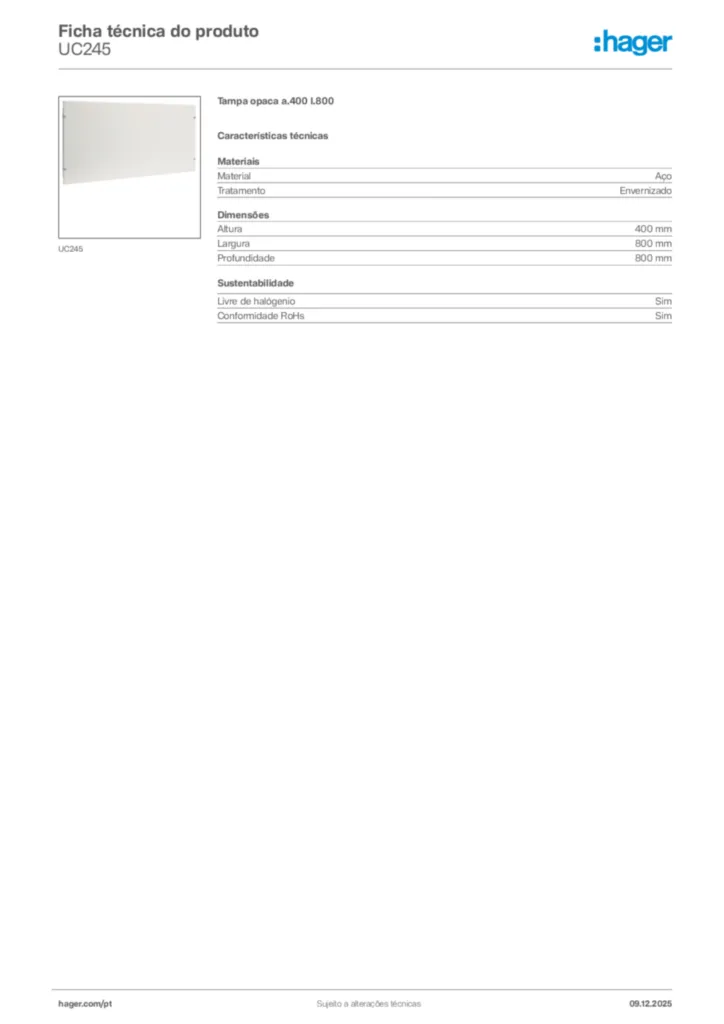 Imagem Hager Ficha técnica do produto UC245 | Hager Portugal