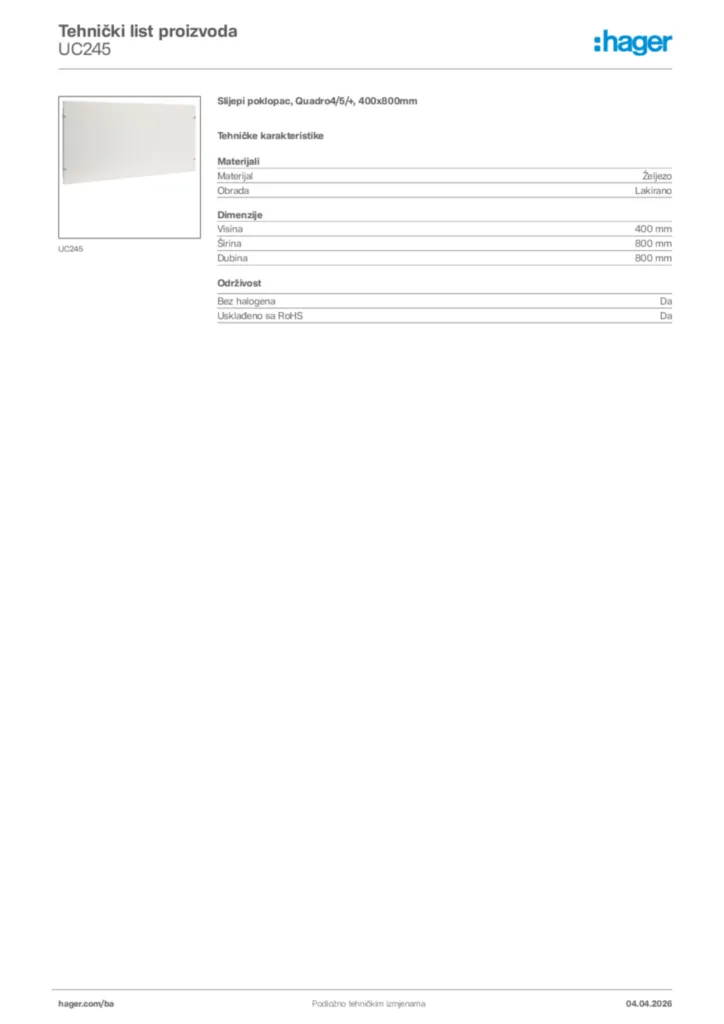 Slika Hager Tehnički list proizvoda UC245  | Hager