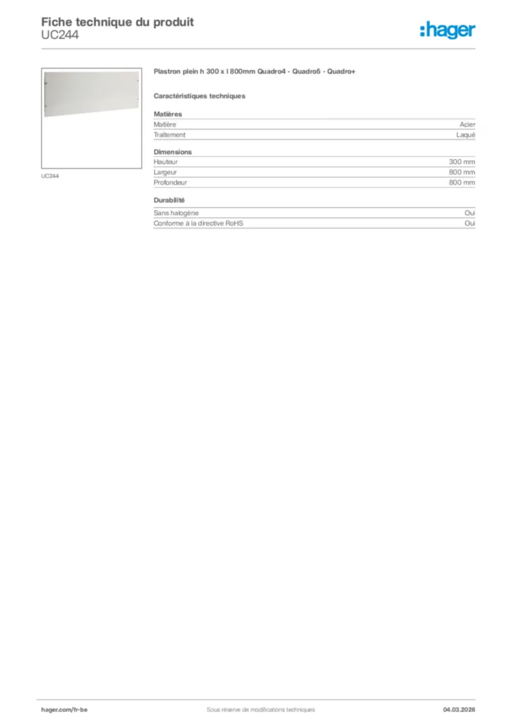 Image Hager Fiche technique du produit UC244 | Hager Belgique