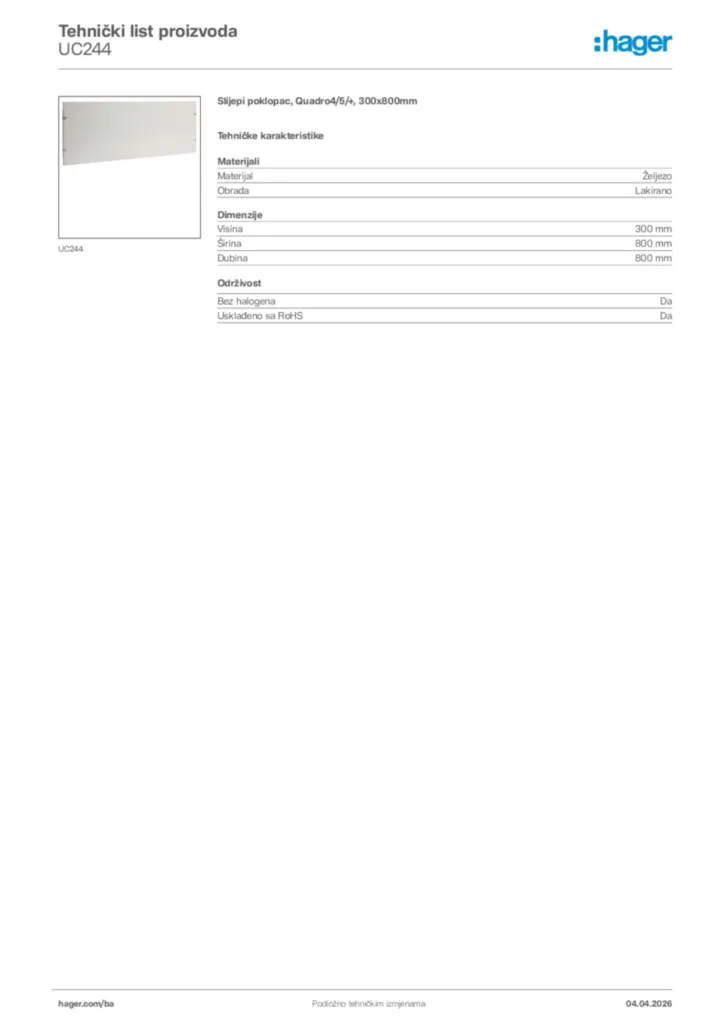 Slika Hager Tehnički list proizvoda UC244  | Hager