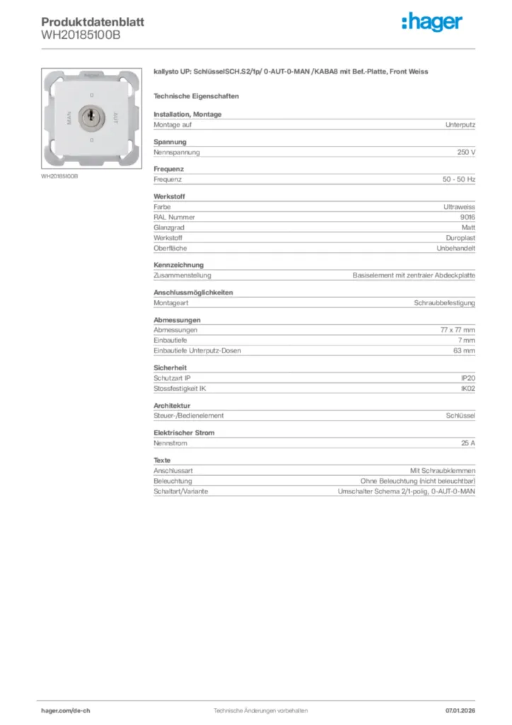 Bild Hager Produktdatenblatt WH20185100B | Hager Schweiz