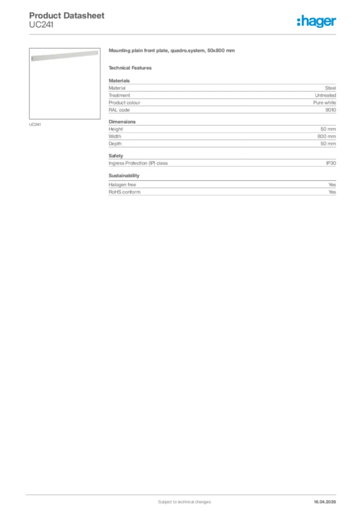 Image Hager Product data sheet UC241  | Hager Africa