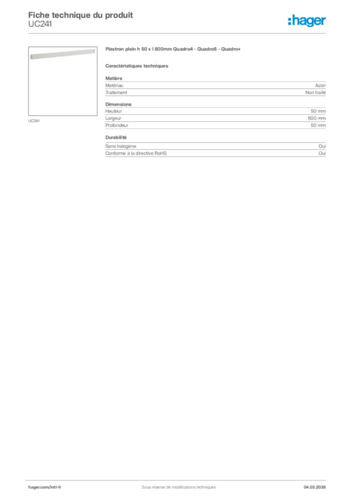 Image Hager Fiche technique du produit UC241 | Hager Afrique