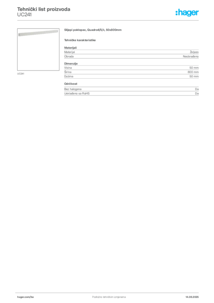 Slika Hager Product data sheet UC241  | Hager