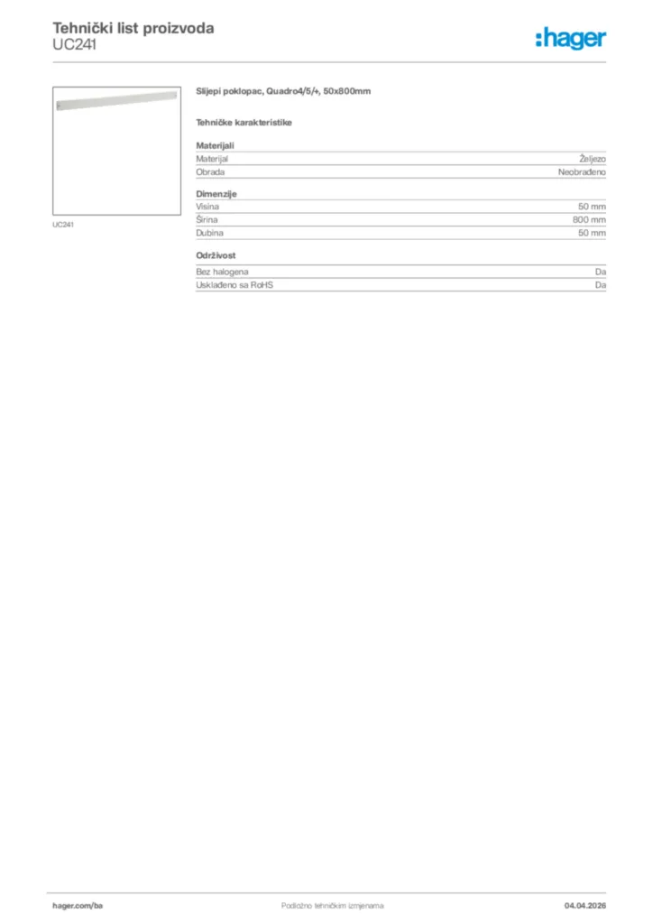 Slika Hager Tehnički list proizvoda UC241  | Hager