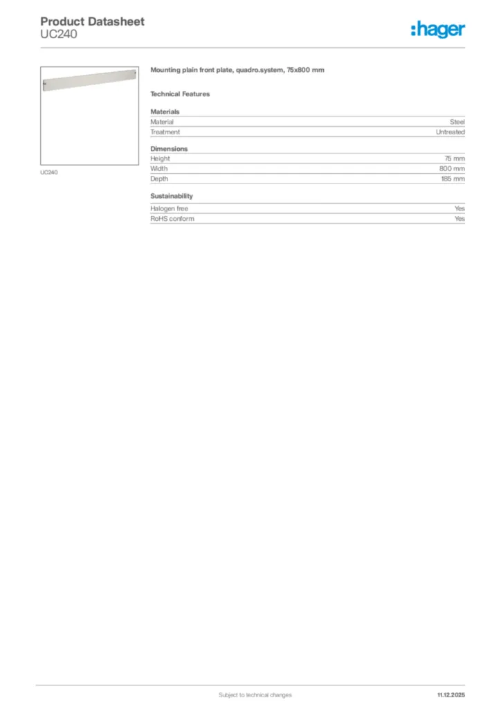Image Hager Product data sheet UC240  | Hager Africa