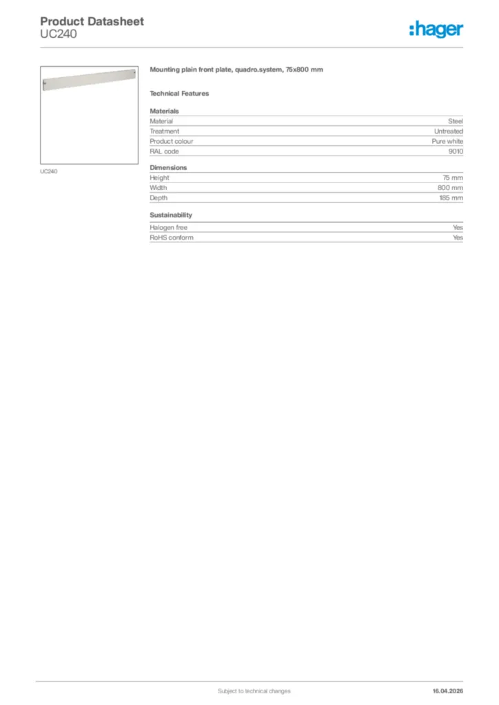 Image Hager Product data sheet UC240  | Hager Africa