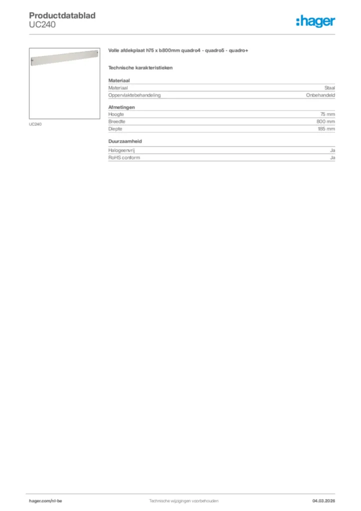 Afbeelding Hager Productdatablad UC240 | Hager Belgium