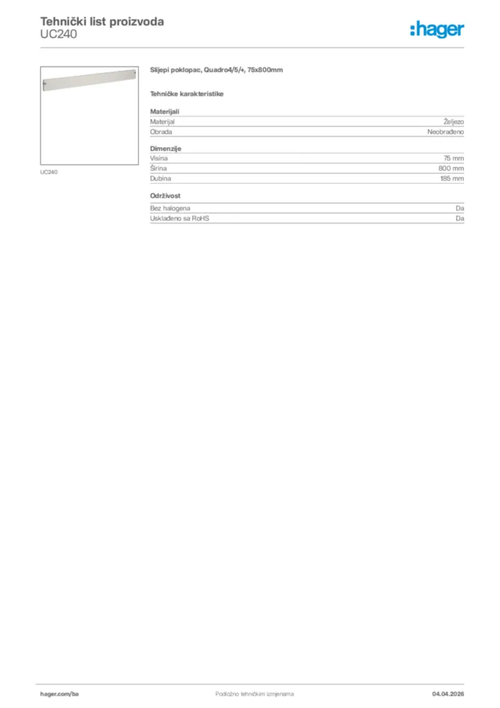 Slika Hager Tehnički list proizvoda UC240  | Hager