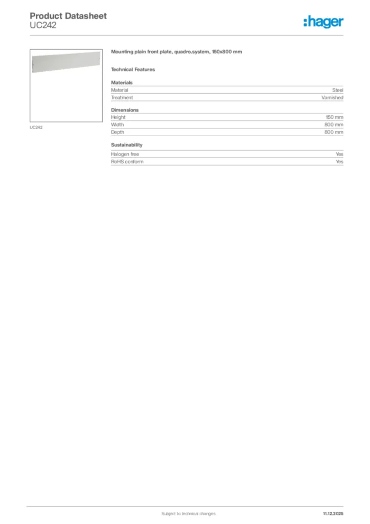 Image Hager Product data sheet UC242  | Hager Africa