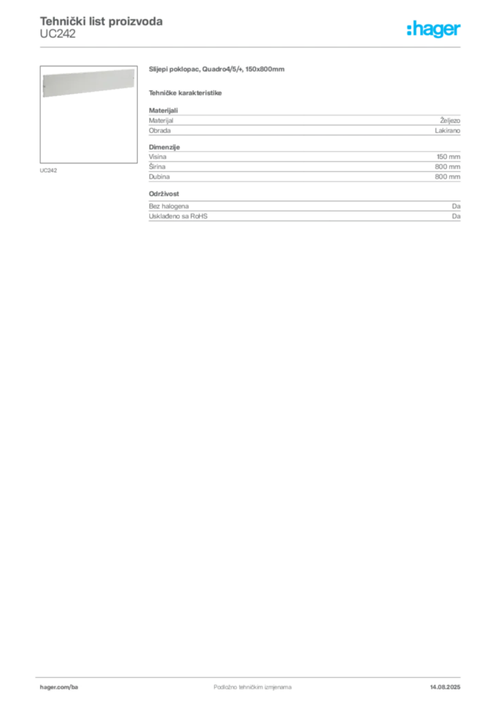 Slika Hager Product data sheet UC242  | Hager