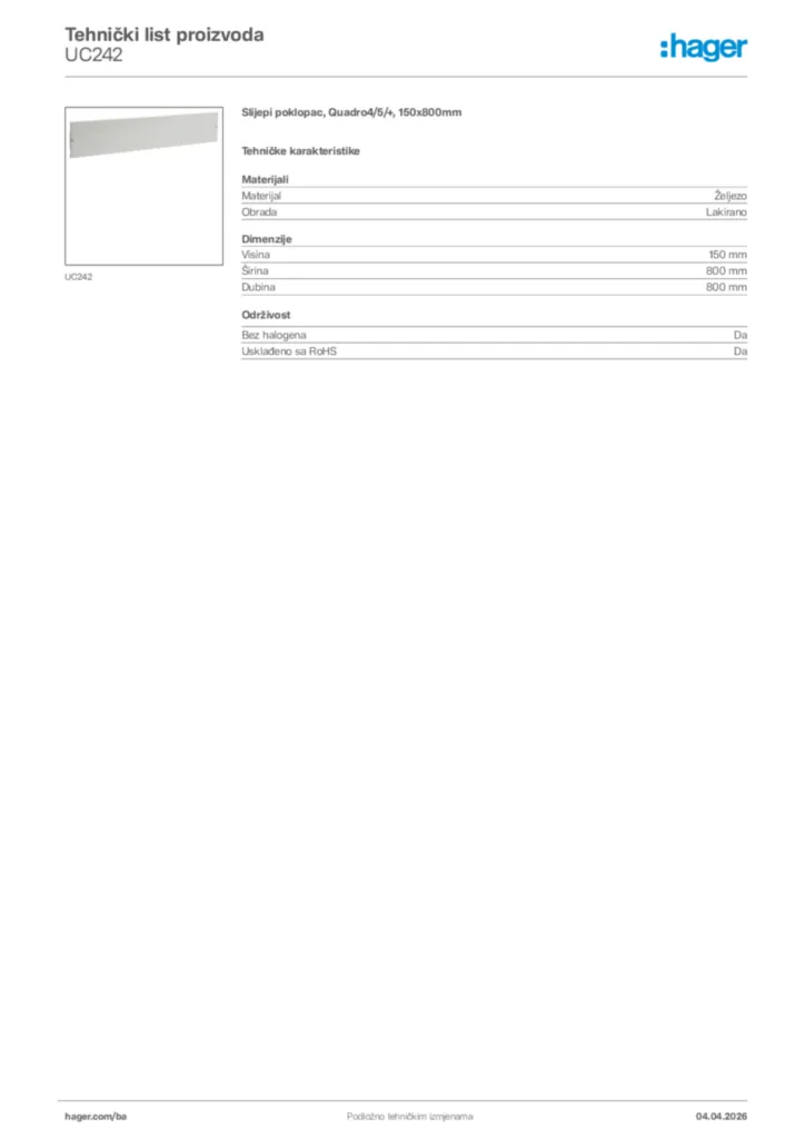 Slika Hager Tehnički list proizvoda UC242  | Hager