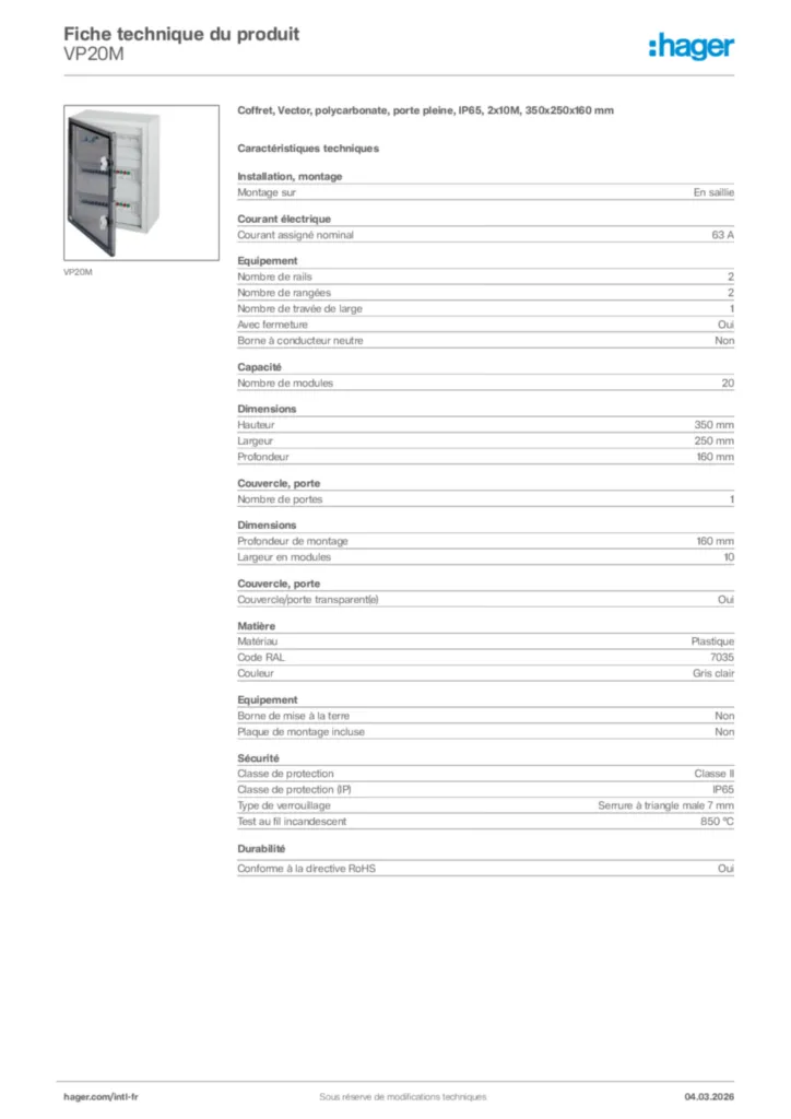 Image Hager Fiche technique du produit VP20M | Hager Afrique