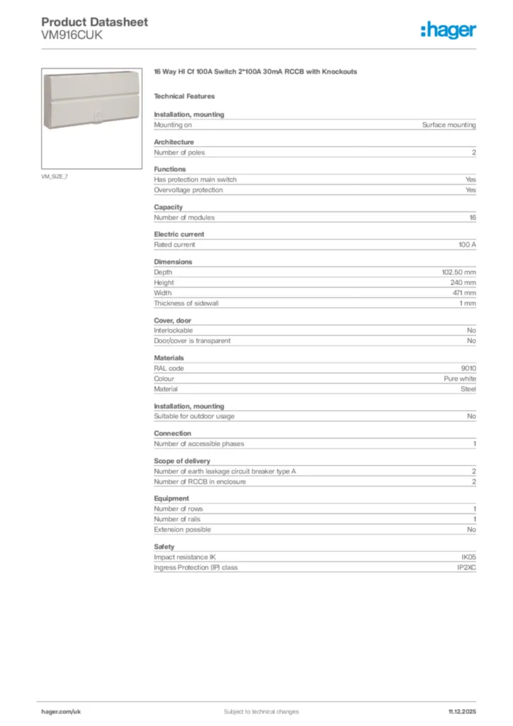 Image Hager Product data sheet VM916CUK  | Hager