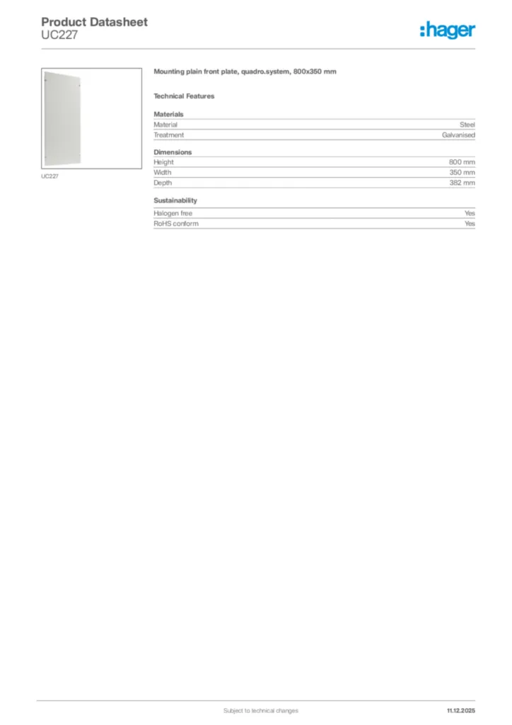 Image Hager Product data sheet UC227  | Hager Africa