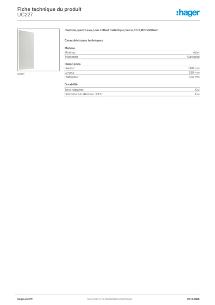 Image Hager Fiche technique du produit UC227 | Hager France