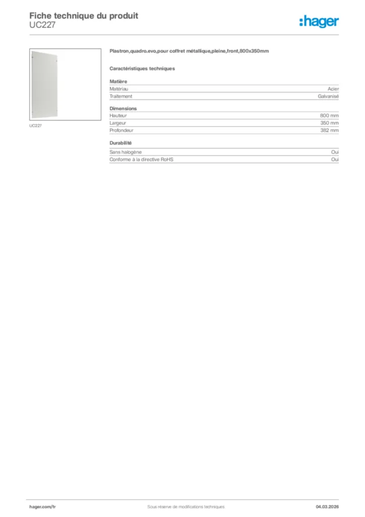 Image Hager Fiche technique du produit UC227 | Hager France
