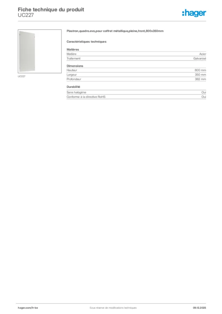 Image Hager Fiche technique du produit UC227 | Hager Belgique