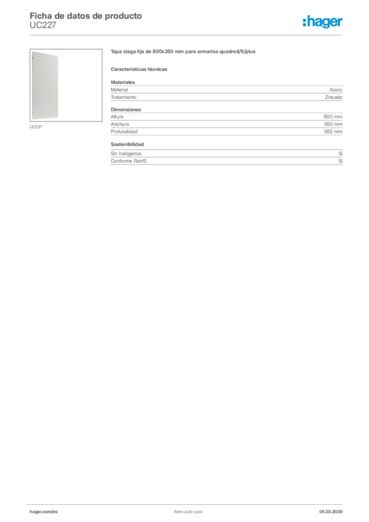 Imagen Hager Ficha de datos de producto UC227 | Hager España