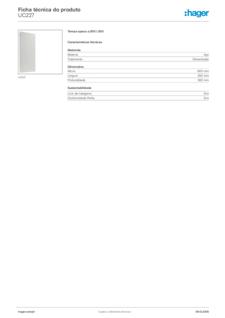 Imagem Hager Ficha técnica do produto UC227 | Hager Portugal