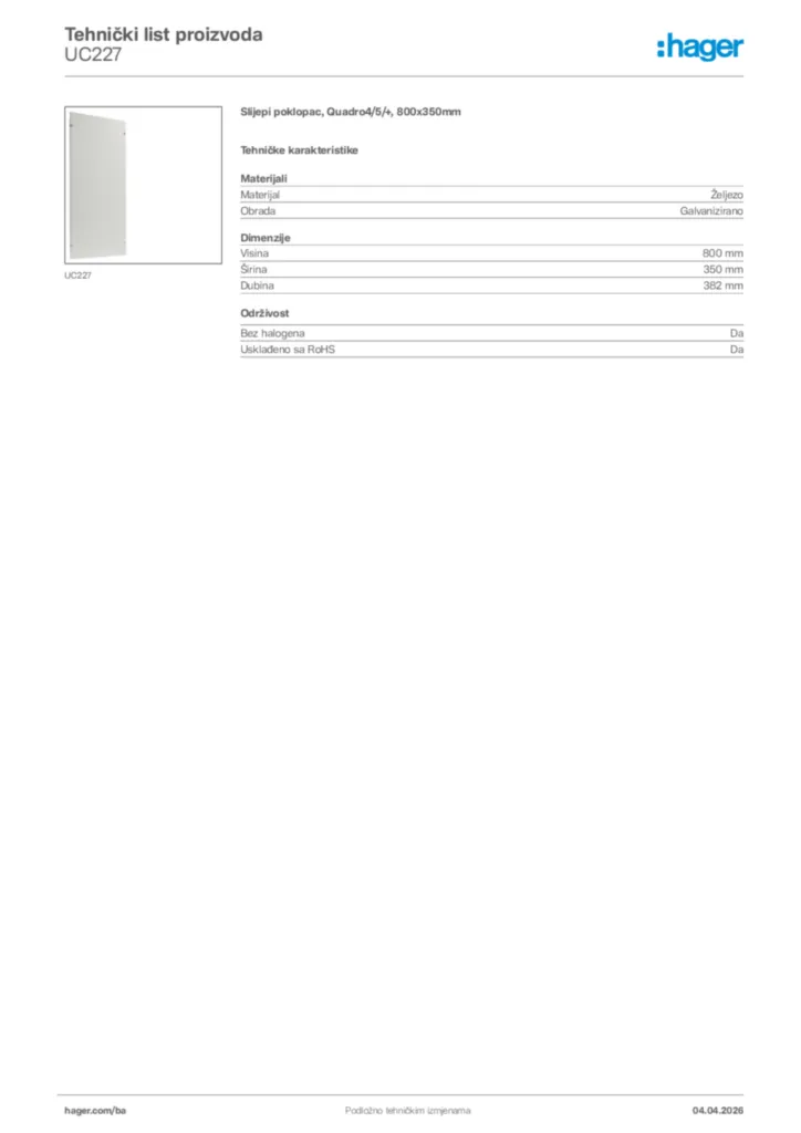 Slika Hager Tehnički list proizvoda UC227  | Hager