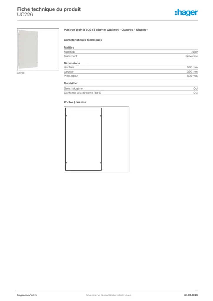 Image Hager Fiche technique du produit UC226 | Hager Afrique