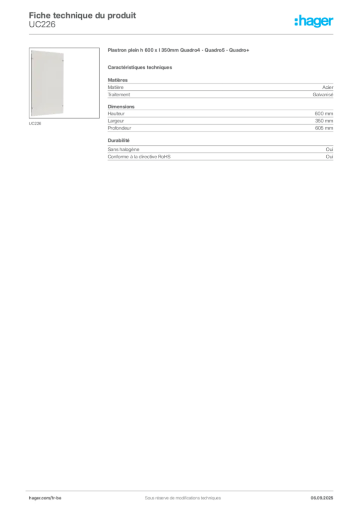 Image Hager Fiche technique du produit UC226 | Hager Belgique