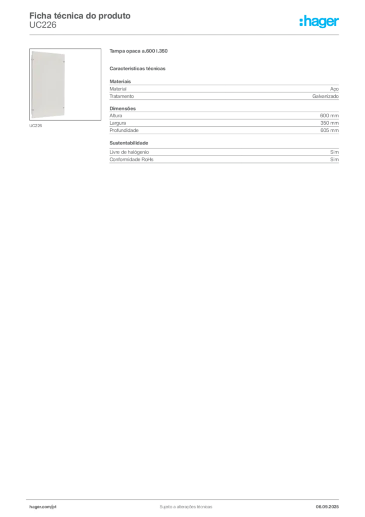 Imagem Hager Ficha técnica do produto UC226 | Hager Portugal