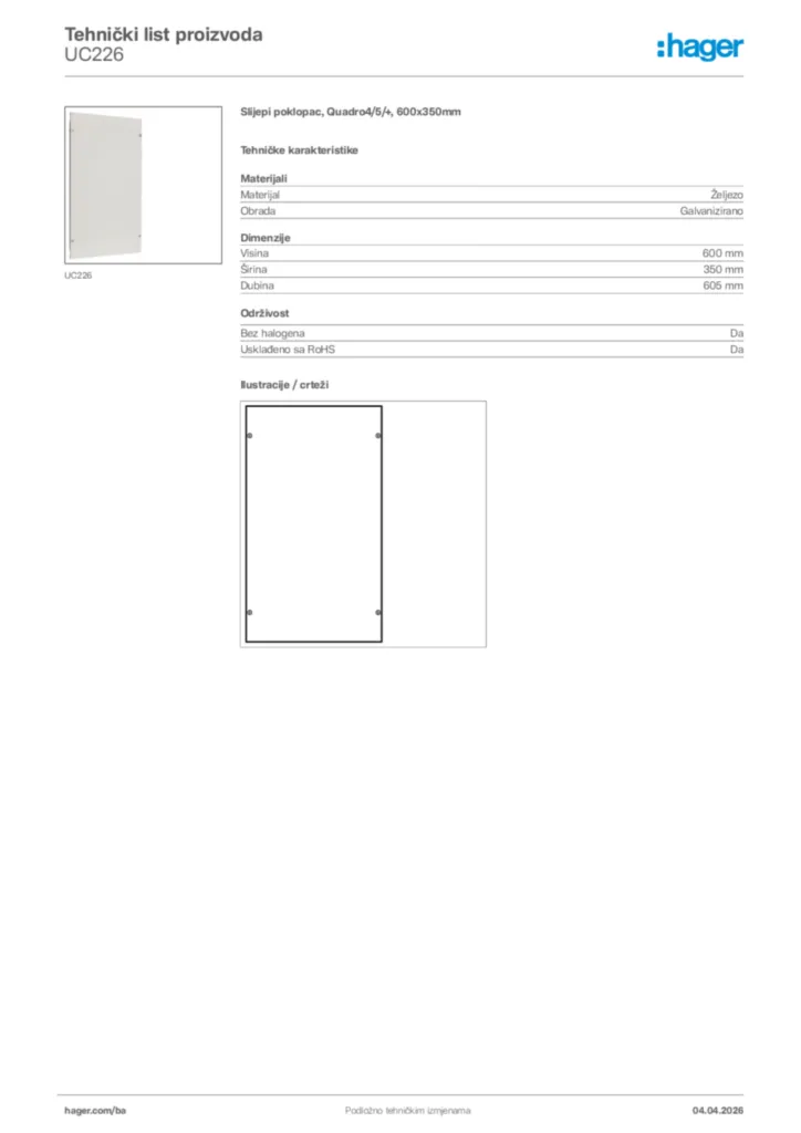 Slika Hager Tehnički list proizvoda UC226  | Hager